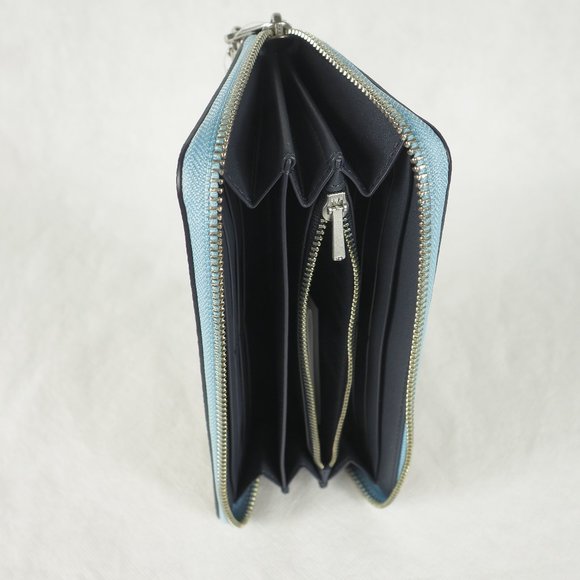 Coach Wallet Long Zip Around Signature Canvas Leather Khaki Waterfall Blue C4452 - Picture 8 of 10